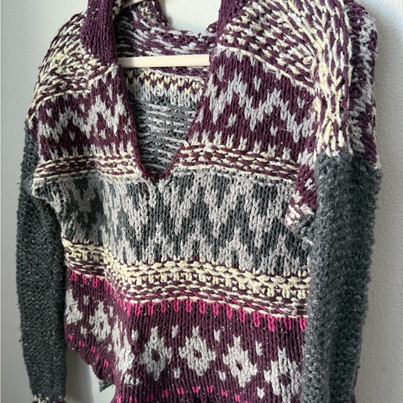Free People Fair Isle Knitted V-Neck Pull Over Hoodie - Picture 6 of 16